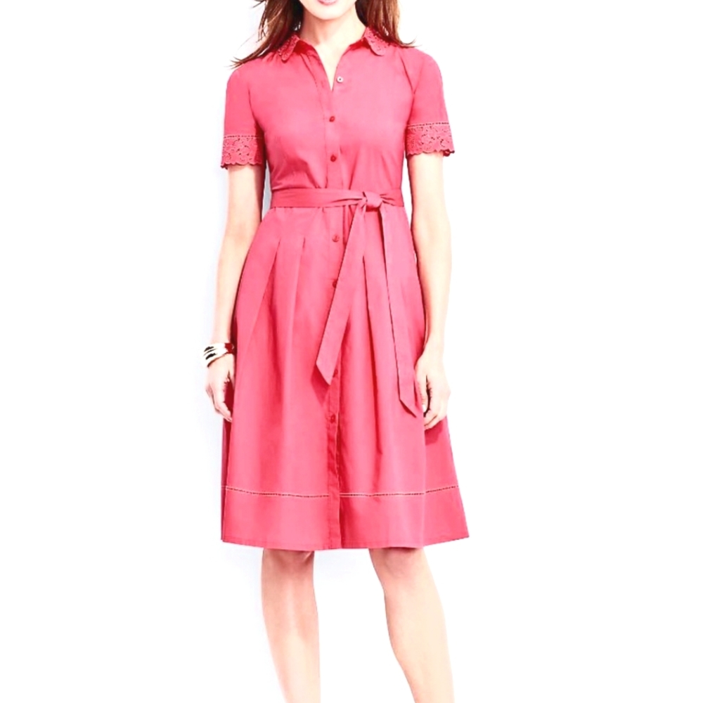 Talbots Nwot Coral Shirtstyle Shortsleeve Cotton Midi Dress Waist Belt & Pockets